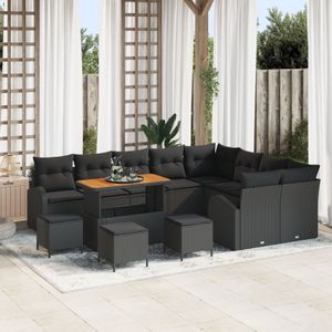 vidaXL 12-teiliges Garten-Sofa-Set mit Kissen in Schwarz Poly-Rattan Akazie,  3-teiliges Garten-Ess-Set mit Kissen in Schwarz Poly-Rattan Akazie,  2-Sitzer Garten-Sofa mit Kissen in Schwarz Poly-Rattan
