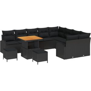 vidaXL 12-teiliges Garten-Sofa-Set mit Kissen in Schwarz Poly-Rattan Akazie,  3-teiliges Garten-Ess-Set mit Kissen in Schwarz Poly-Rattan Akazie,  2-Sitzer Garten-Sofa mit Kissen in Schwarz Poly-Rattan