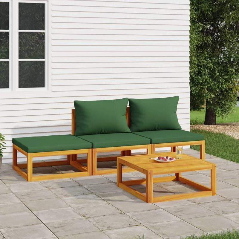 vidaXL 4-tlg. Garten-Lounge-Set mit Grünen Kissen Massivholz