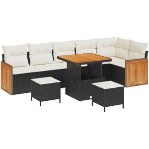 vidaXL 9-teiliges Garten Sofa Set mit Kissen Schwarz Poly Rattan Akazie,  2-Sitzer Garten Sofa mit Kissen Schwarz Poly Rattan,  3-teiliges Garten Essset mit Kissen Schwarz Poly Rattan Akazie