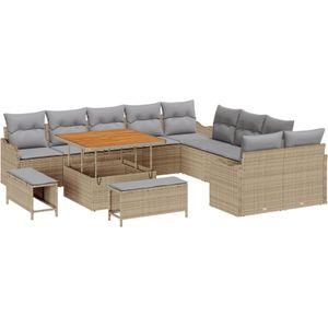 vidaXL 13-teiliges Garten Sofa Set mit Kissen Beige Poly Rattan Akazie,  2-sitziges Garten Sofa mit Kissen Beige Poly Rattan,  3-teiliges Garten Essenset mit Kissen Beige Poly Rattan Akazie