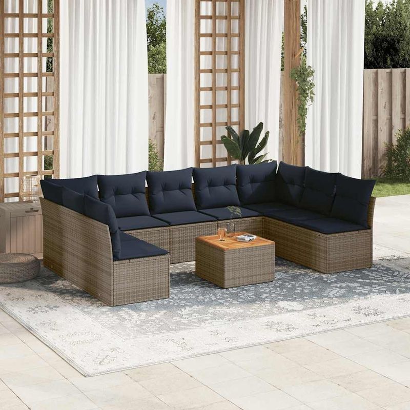vidaXL 10-tlg. Garten-Sofagarnitur mit Kissen Grau Poly Rattan