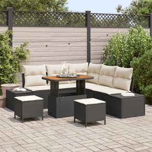 vidaXL 8-teiliges Garten Sofa Set mit Kissen Schwarz Poly Rattan Akazie,  2-Sitzer Garten Sofa mit Stauraum & Kissen Schwarz Poly Rattan,  3-teiliges Garten Essgruppe mit Kissen Schwarz Poly Rattan Akazie