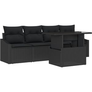 vidaXL 5-teiliges Garten-Sofa-Set mit Kissen Schwarz Poly Rattan