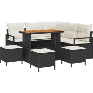 vidaXL 9-teiliges Garten-Sofaset mit Kissen Schwarz Poly-Rattan Akazie,  2-Sitzer Garten-Sofa mit Stauraum & Kissen Schwarz Poly-Rattan,  4-teiliges Garten-Essenset mit Kissen Schwarz Poly-Rattan Akazie