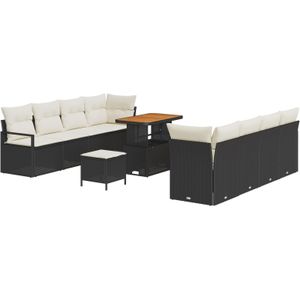 vidaXL 11-teiliges Garten Sofa Set mit Kissen Schwarz Poly Rattan Akazie,  2-Sitzer Garten Sofa mit Kissen Schwarz Poly Rattan,  3-teiliges Garten Esstisch Set mit Kissen Schwarz Poly Rattan Akazie