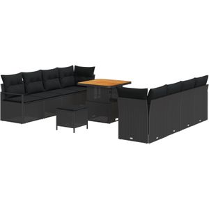 vidaXL 11-teiliges Garten Sofa Set mit Kissen Schwarz Poly Rattan Akazie,  2-Sitzer Garten Sofa mit Kissen Schwarz Poly Rattan,  3-teiliges Garten Esszimmer Set mit Kissen Schwarz Poly Rattan Akazie