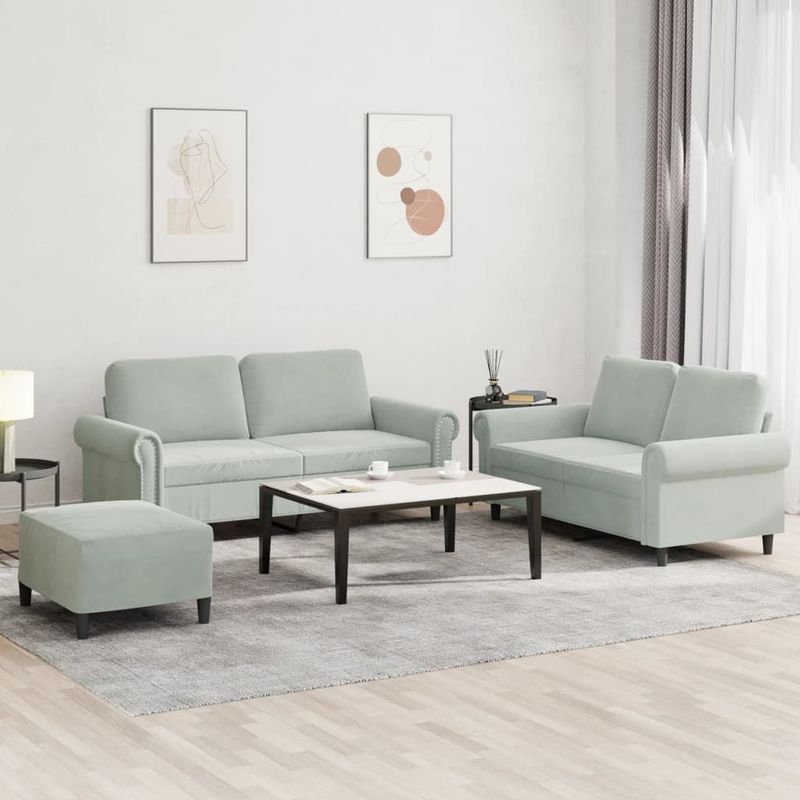 vidaXL 3-tlg. Sofagarnitur mit Kissen Hellgrau Samt