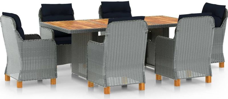 vidaXL 7-tlg. Garten-Essgruppe mit Auflagen Poly Rattan Hellgrau