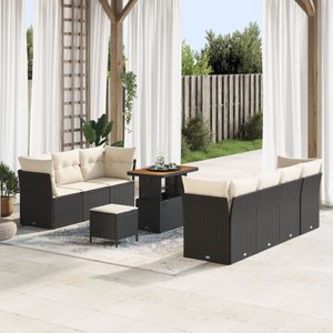 vidaXL 10-teiliges Garten Sofaset mit Kissen Schwarz Poly Rattan Akazie,  3-teiliges Garten Essset mit Kissen Schwarz Poly Rattan Akazie