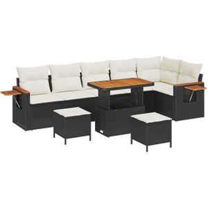 vidaXL 9-teiliges Garten Sofa Set mit Kissen Schwarz Poly Rattan Akazie,  3-teiliges Garten Ess-Set mit Kissen Schwarz Poly Rattan Akazie