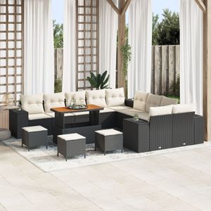 vidaXL 14-teiliges Garten Sofa Set mit Kissen Schwarz Poly Rattan Akazie,  4-teiliges Garten Esstisch Set mit Kissen Schwarz Poly Rattan Akazie