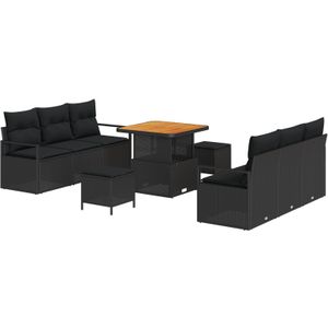 vidaXL 9-teiliges Garten-Sofa-Set mit Kissen Schwarz Poly Rattan Akazie,  2-Sitzer Garten-Sofa mit Stauraum & Kissen Schwarz Poly Rattan,  3-teiliges Garten-Ess-Set mit Kissen Schwarz Poly Rattan Akazie