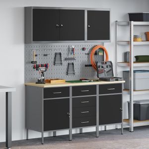 vidaXL 8-tlg. Werkstattschrank-Set mit Stecktafel Schwarz MDF Metall