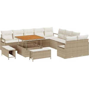 vidaXL 13-teiliges Garten Sofa Set mit Kissen Beige Poly Rattan Akazie,  2-Sitzer Garten Sofa mit Kissen Beige Poly Rattan,  3-teiliges Garten Essenset mit Kissen Beige Poly Rattan Akazie