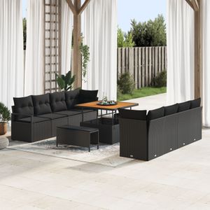 vidaXL 11-teiliges Garten-Sofa Set mit Kissen Schwarz Poly Rattan Akazie,  2-Sitzer Garten Sofa mit Kissen Schwarz Poly Rattan,  3-teiliges Garten Ess-Set mit Kissen Schwarz Poly Rattan Akazie
