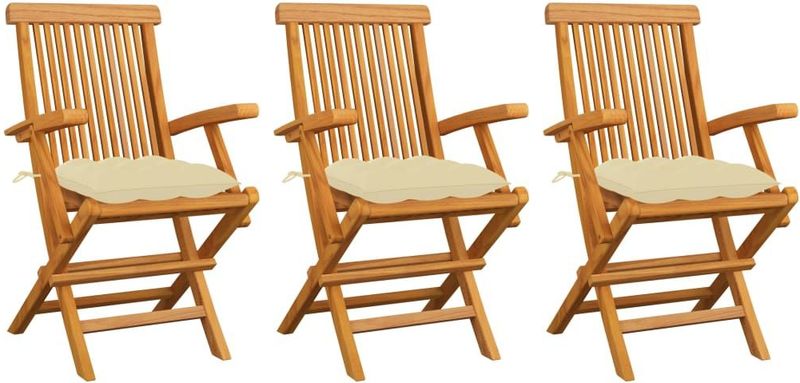 vidaXL Gartenstühle mit Cremeweißen Kissen 3 Stk. Massivholz Teak