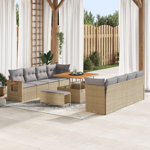 vidaXL 11-teiliges Garten Sofa Set mit Kissen Beige Poly Rattan Akazie,  3-teiliges Garten Essenset mit Kissen Beige Poly Rattan Akazie