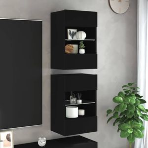 vidaXL TV-Wandschränke mit LED-Leuchten 2 Stk. Schwarz 40x30x60,5 cm