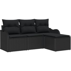 vidaXL 4-teiliges Garten-Sofaset mit Kissen Schwarz Poly-Rattan,  2-Sitzer Garten-Sofa mit Kissen Schwarz Poly-Rattan