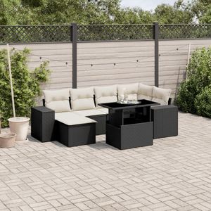vidaXL 7-tlg. Garten-Sofagarnitur mit Kissen Schwarz Poly Rattan