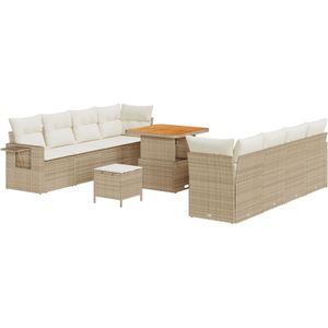 vidaXL 11-teiliges Garten Sofa Set mit Kissen Beige Poly Rattan Akazie,  3-teiliges Garten Esszimmer Set mit Kissen Beige Poly Rattan Akazie