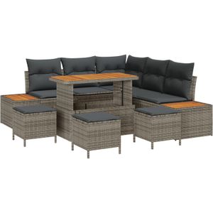 vidaXL 9-teiliges Garten-Sofa-Set mit Kissen Grau Poly-Rattan Akazie,  4-teiliges Garten-Dining-Set mit Kissen Grau Poly-Rattan Akazie