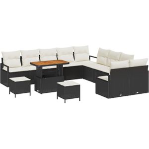 vidaXL 13-teiliges Gartensofa-Set mit Kissen Schwarz Poly-Rattan Akazie,  2-Sitzer Gartensofa mit Kissen Schwarz Poly-Rattan,  3-teiliges Gartenspeiset-Set mit Kissen Schwarz Poly-Rattan Akazie