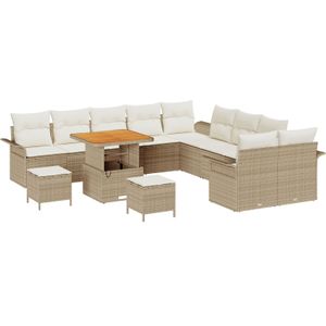 vidaXL 13-teiliges Garten Sofa Set mit Kissen Beige Poly Rattan Akazie,  2-Sitzer Garten Sofa mit Kissen Beige Poly Rattan,  3-teiliges Garten Esstisch Set mit Kissen Beige Poly Rattan Akazie