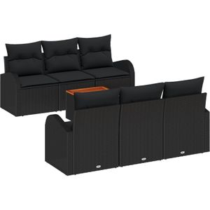 vidaXL 7-teiliges Garten-Sofa-Set mit Kissen Schwarz Poly-Rattan Akazie,  2-Sitzer Garten-Sofa mit Stauraum & Kissen Schwarz Poly-Rattan