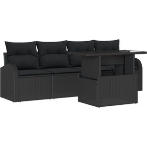 vidaXL 5-teiliges Garten Sofa Set mit Kissen Schwarz Poly Rattan,  2-Sitzer Garten Sofa mit Stauraum & Kissen Schwarz Poly Rattan