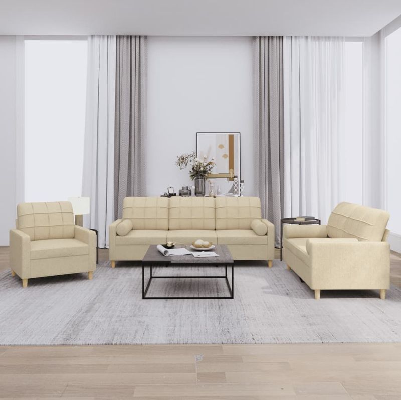 vidaXL 3-tlg. Sofagarnitur mit Kissen Creme Stoff