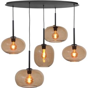 Zwarte ovale eettafellamp | Hanglamp Bellini | Bruin glas | Niet spiegelend | 5-lichts