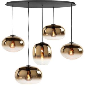 Ovale eettafel hanglamp Bellini | 5 lichts | goud / amber | glas | 100 cm breed | dimbaar | modern / sfeervol design
