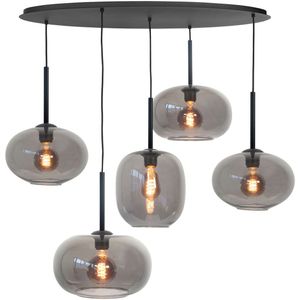 Zwarte ovale eettafellamp | Hanglamp Bellini | Smoke glas | Niet spiegelend | 5-lichts