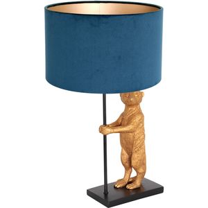 Tafellamp Animaux 1 lichts Zwart Goud Stokstaartje met Velours Kap Blauw