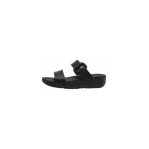 FitFlop Women Lulu Covered-Buckle Raw-Edge Leather Slides Black-Schoenmaat 36