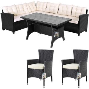 Casaria Polyrattan Hoeklounge - Hoekbank & 2 Tuinstoelen – Zwart