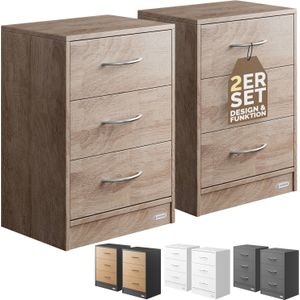 Casaria - Eloise Nachtkastje - Set van 2 - Eik - 3 Lades - 54x39x28cm
