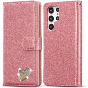 Voor Samsung Galaxy S22 5G/S22+ 5G/S22 Ultra 5G Glitter Poeder Liefde Lederen Telefoon Case (Rose Red)