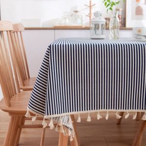 Kwast Lace Daisy print katoen linnen tafellaken  grootte: 140x200cm (Navy Blue Stripes)