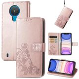 Voor Nokia 1.4 Vier-blad gesp in relif gemaakte gesp Mobiele Telefoon Bescherming Leren Case met Lanyard & Card Slot & Portemonnee & Bracket-functie (ROSE GOUD)