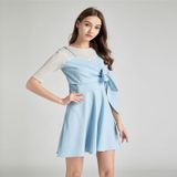 Fashion Stitching Bow Korte mouwen Lace-up Slim Slimming Nep two-piece Jurk (Kleur: Baby Blue Size:S)