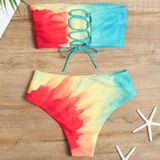 2 in 1 Polyester Tie-Dye Tube Top Bikini Dames Hoge Taille Split Badpak Set met Borst Pad (Kleur: Rood Geel Blauw Maat: M)