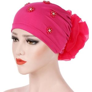 Vrouwen Persoonlijkheid Rear Flower Decoration Tulband hoed beaded kap  maat: M (56-58cm)(Rose Red)