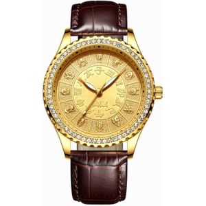 FNGEEN S777 Mannen Vergulde Diamond Zodiac Patroon Quartz Horloge (Lederen Bruine Riem)