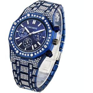 CAGARNY 6881 Diamond-bezaaid zes-naalden Guartz Dual Movement Watch Heren Roestvrij stalen band horloge (Blue Shell Blue Dial)