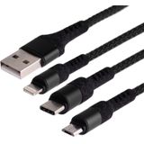 Micro USB/8 pin/type-C naar USB hoge snelheid weven opladen kabel (zwart)