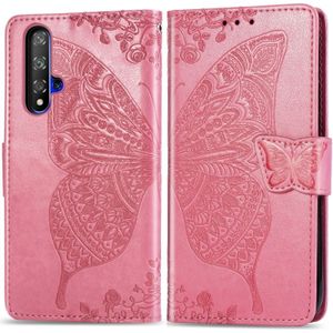 Butterfly Love bloemen relif horizontale Flip lederen case voor Huawei Honor 20 met houder & kaartsleuven & portemonnee & Lanyard (roze)