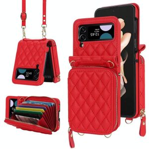 Voor Samsung Galaxy Z Flip4 Rhombic Texture Card Bag Telefoonhoesje met Dual Lanyard